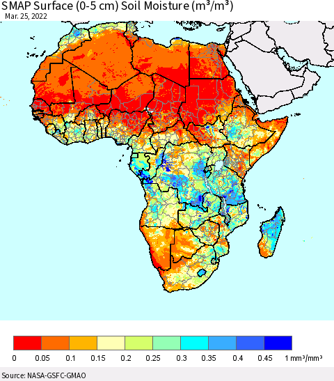 Africa SMAP Surface (0-5 cm) Soil Moisture (m³/m³) Thematic Map For 3/21/2022 - 3/25/2022