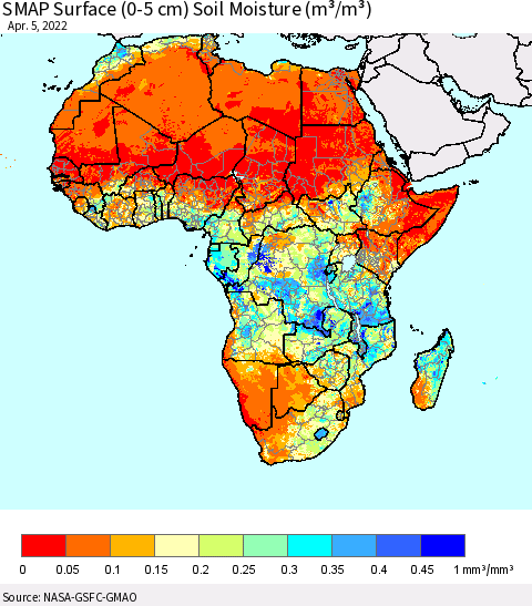 Africa SMAP Surface (0-5 cm) Soil Moisture (m³/m³) Thematic Map For 4/1/2022 - 4/5/2022