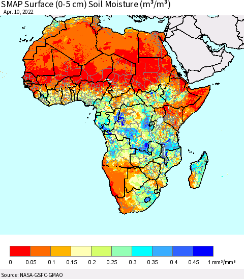 Africa SMAP Surface (0-5 cm) Soil Moisture (m³/m³) Thematic Map For 4/6/2022 - 4/10/2022