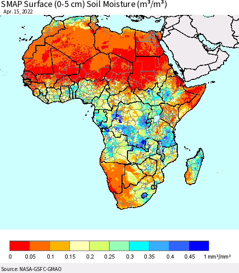 Africa SMAP Surface (0-5 cm) Soil Moisture (m³/m³) Thematic Map For 4/11/2022 - 4/15/2022