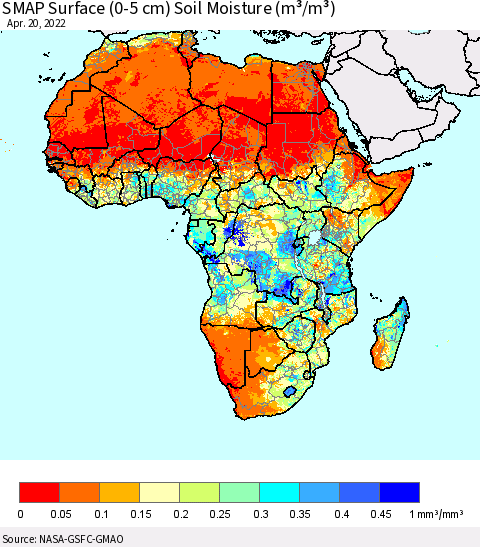 Africa SMAP Surface (0-5 cm) Soil Moisture (m³/m³) Thematic Map For 4/16/2022 - 4/20/2022