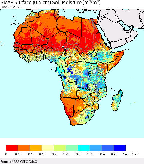 Africa SMAP Surface (0-5 cm) Soil Moisture (m³/m³) Thematic Map For 4/21/2022 - 4/25/2022