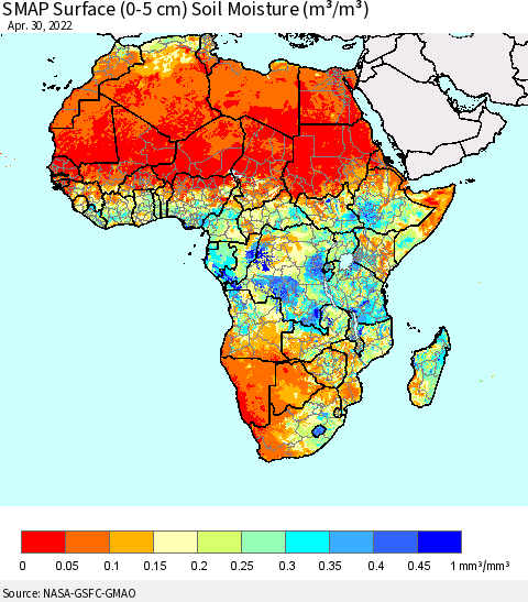 Africa SMAP Surface (0-5 cm) Soil Moisture (m³/m³) Thematic Map For 4/26/2022 - 4/30/2022