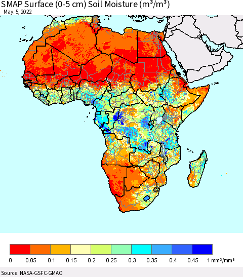 Africa SMAP Surface (0-5 cm) Soil Moisture (m³/m³) Thematic Map For 5/1/2022 - 5/5/2022