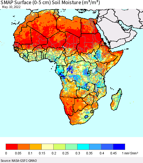Africa SMAP Surface (0-5 cm) Soil Moisture (m³/m³) Thematic Map For 5/6/2022 - 5/10/2022