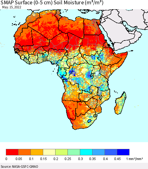 Africa SMAP Surface (0-5 cm) Soil Moisture (m³/m³) Thematic Map For 5/11/2022 - 5/15/2022