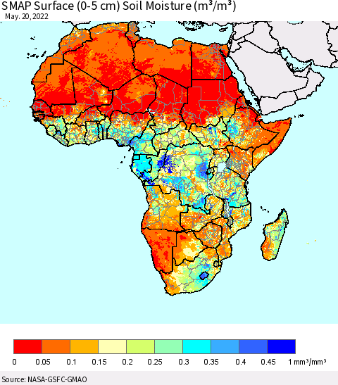 Africa SMAP Surface (0-5 cm) Soil Moisture (m³/m³) Thematic Map For 5/16/2022 - 5/20/2022