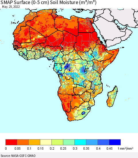 Africa SMAP Surface (0-5 cm) Soil Moisture (m³/m³) Thematic Map For 5/21/2022 - 5/25/2022