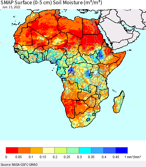 Africa SMAP Surface (0-5 cm) Soil Moisture (m³/m³) Thematic Map For 6/11/2022 - 6/15/2022