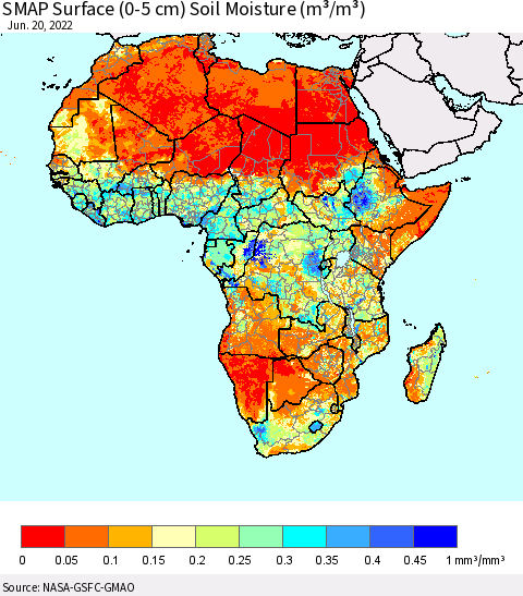 Africa SMAP Surface (0-5 cm) Soil Moisture (m³/m³) Thematic Map For 6/16/2022 - 6/20/2022