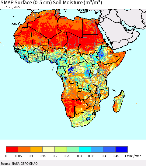 Africa SMAP Surface (0-5 cm) Soil Moisture (m³/m³) Thematic Map For 6/21/2022 - 6/25/2022
