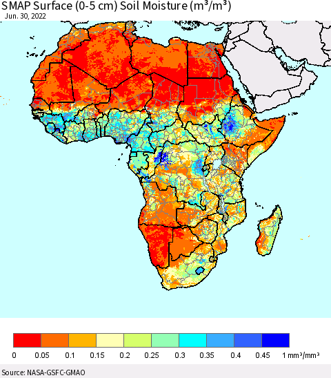 Africa SMAP Surface (0-5 cm) Soil Moisture (m³/m³) Thematic Map For 6/26/2022 - 6/30/2022