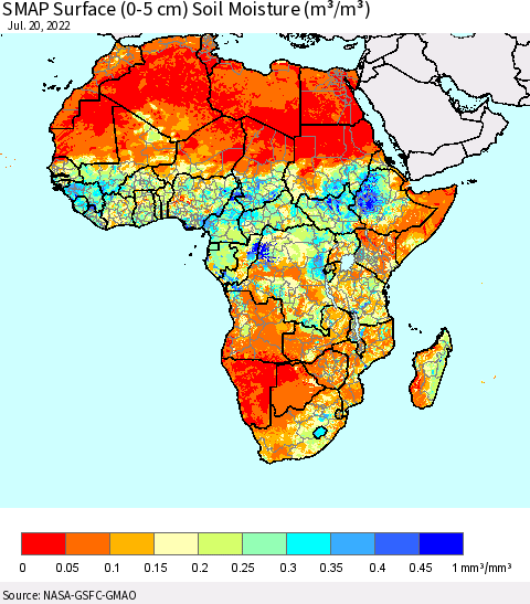 Africa SMAP Surface (0-5 cm) Soil Moisture (m³/m³) Thematic Map For 7/16/2022 - 7/20/2022