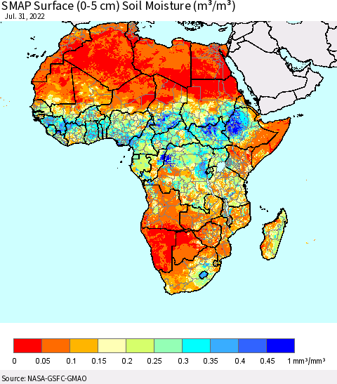 Africa SMAP Surface (0-5 cm) Soil Moisture (m³/m³) Thematic Map For 7/26/2022 - 7/31/2022
