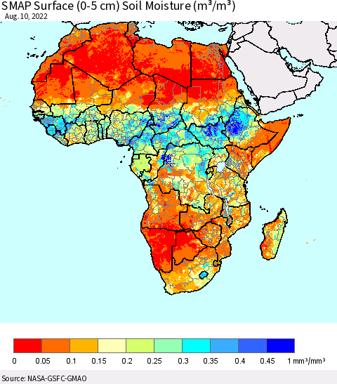 Africa SMAP Surface (0-5 cm) Soil Moisture (m³/m³) Thematic Map For 8/6/2022 - 8/10/2022