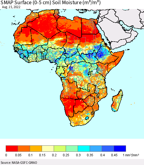 Africa SMAP Surface (0-5 cm) Soil Moisture (m³/m³) Thematic Map For 8/11/2022 - 8/15/2022