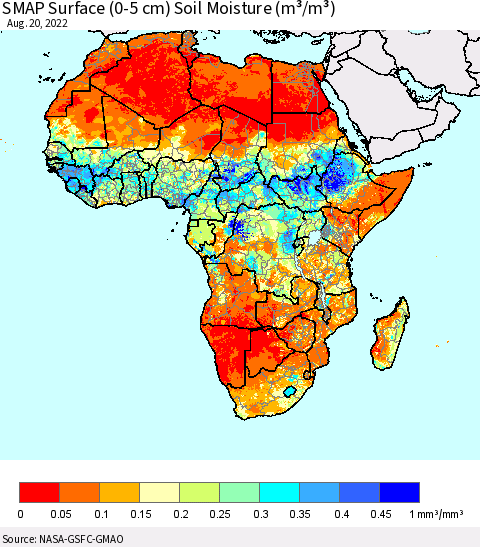 Africa SMAP Surface (0-5 cm) Soil Moisture (m³/m³) Thematic Map For 8/16/2022 - 8/20/2022