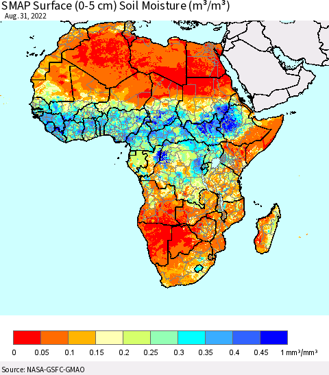 Africa SMAP Surface (0-5 cm) Soil Moisture (m³/m³) Thematic Map For 8/26/2022 - 8/31/2022