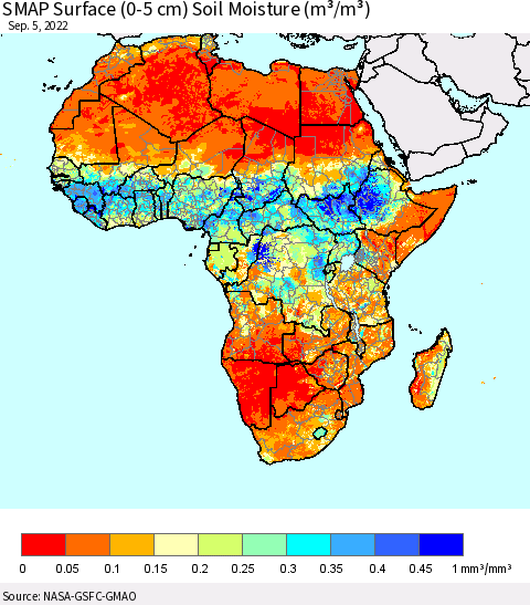 Africa SMAP Surface (0-5 cm) Soil Moisture (m³/m³) Thematic Map For 9/1/2022 - 9/5/2022