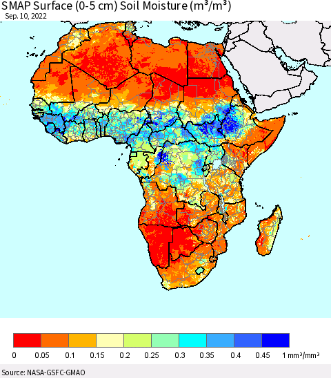 Africa SMAP Surface (0-5 cm) Soil Moisture (m³/m³) Thematic Map For 9/6/2022 - 9/10/2022