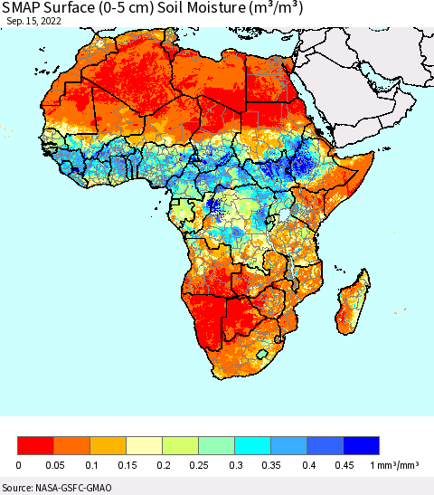 Africa SMAP Surface (0-5 cm) Soil Moisture (m³/m³) Thematic Map For 9/11/2022 - 9/15/2022