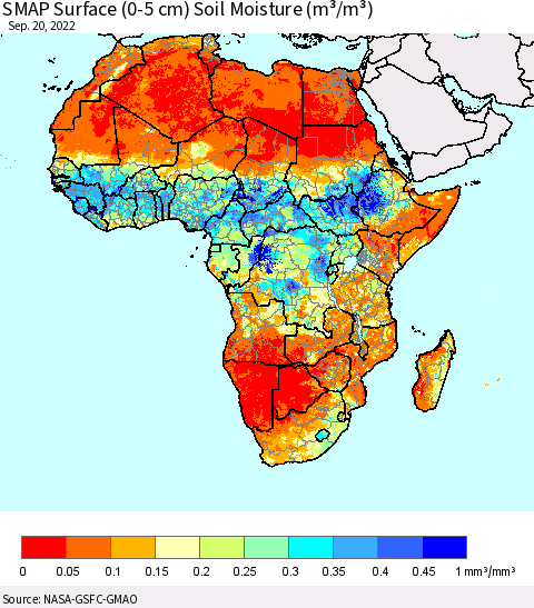 Africa SMAP Surface (0-5 cm) Soil Moisture (m³/m³) Thematic Map For 9/16/2022 - 9/20/2022