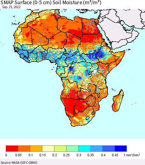 Africa SMAP Surface (0-5 cm) Soil Moisture (m³/m³) Thematic Map For 9/21/2022 - 9/25/2022