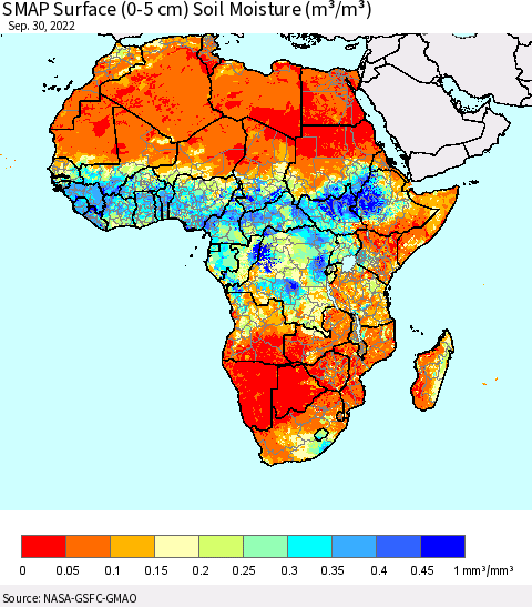 Africa SMAP Surface (0-5 cm) Soil Moisture (m³/m³) Thematic Map For 9/26/2022 - 9/30/2022