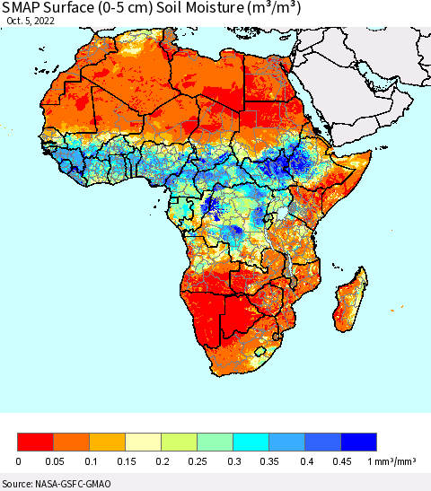 Africa SMAP Surface (0-5 cm) Soil Moisture (m³/m³) Thematic Map For 10/1/2022 - 10/5/2022