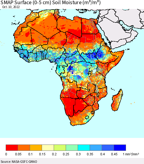 Africa SMAP Surface (0-5 cm) Soil Moisture (m³/m³) Thematic Map For 10/6/2022 - 10/10/2022
