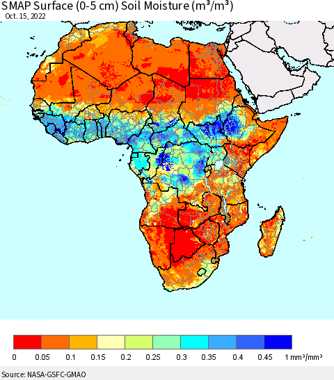 Africa SMAP Surface (0-5 cm) Soil Moisture (m³/m³) Thematic Map For 10/11/2022 - 10/15/2022