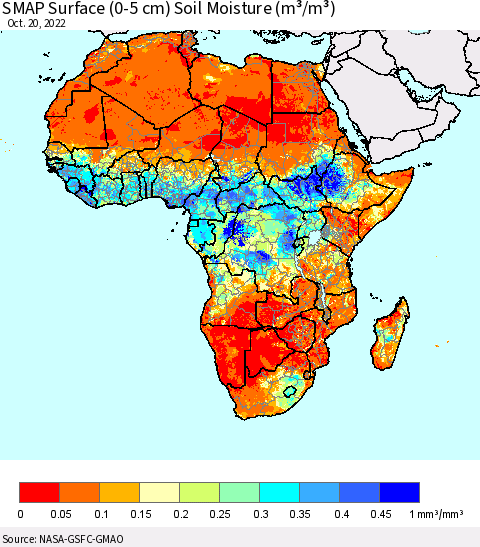 Africa SMAP Surface (0-5 cm) Soil Moisture (m³/m³) Thematic Map For 10/16/2022 - 10/20/2022