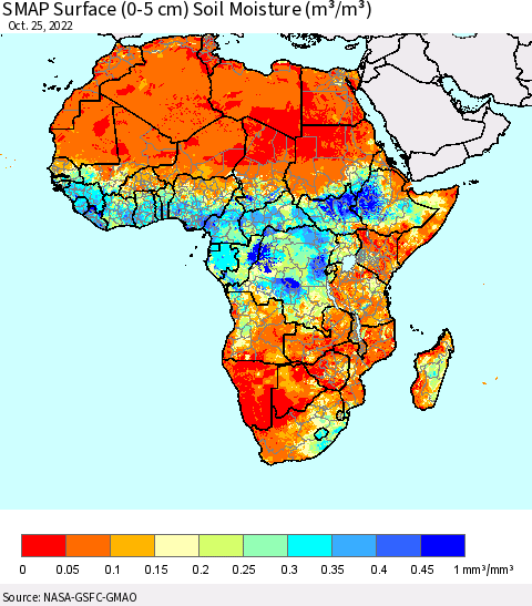 Africa SMAP Surface (0-5 cm) Soil Moisture (m³/m³) Thematic Map For 10/21/2022 - 10/25/2022