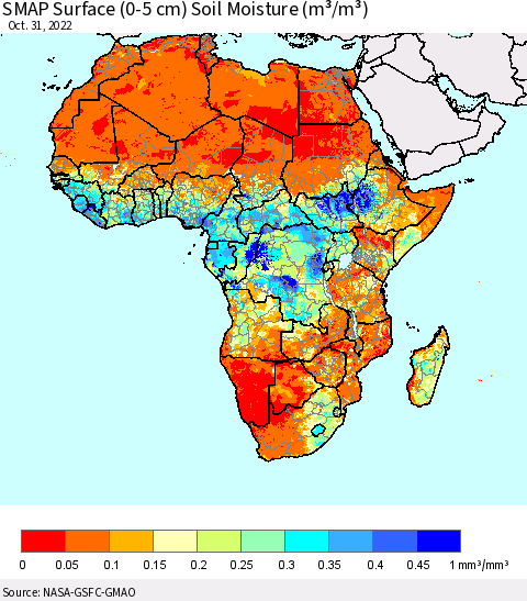 Africa SMAP Surface (0-5 cm) Soil Moisture (m³/m³) Thematic Map For 10/26/2022 - 10/31/2022