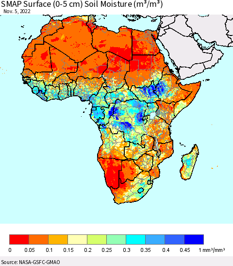 Africa SMAP Surface (0-5 cm) Soil Moisture (m³/m³) Thematic Map For 11/1/2022 - 11/5/2022