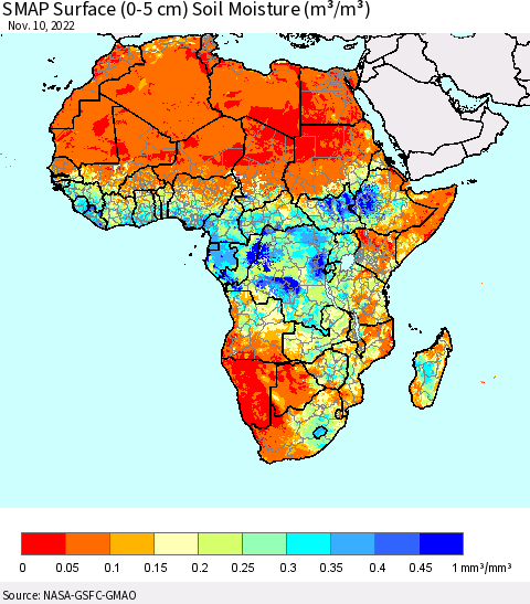 Africa SMAP Surface (0-5 cm) Soil Moisture (m³/m³) Thematic Map For 11/6/2022 - 11/10/2022