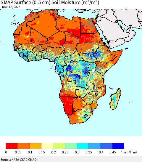 Africa SMAP Surface (0-5 cm) Soil Moisture (m³/m³) Thematic Map For 11/11/2022 - 11/15/2022