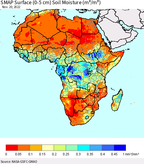 Africa SMAP Surface (0-5 cm) Soil Moisture (m³/m³) Thematic Map For 11/16/2022 - 11/20/2022