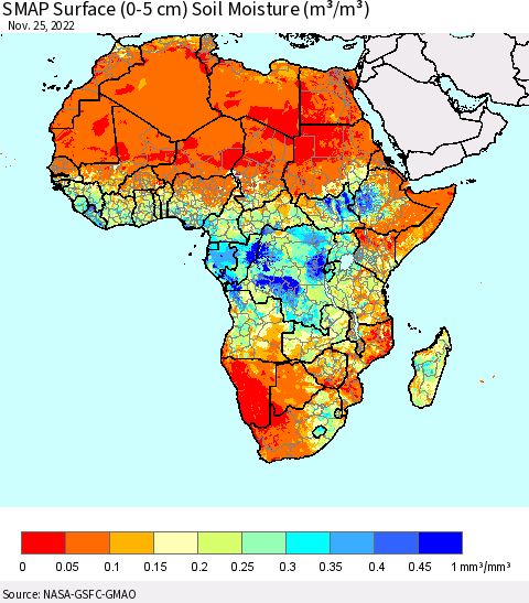 Africa SMAP Surface (0-5 cm) Soil Moisture (m³/m³) Thematic Map For 11/21/2022 - 11/25/2022