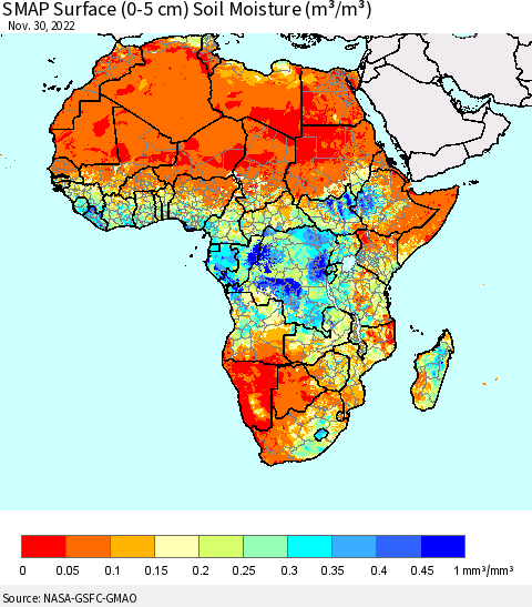 Africa SMAP Surface (0-5 cm) Soil Moisture (m³/m³) Thematic Map For 11/26/2022 - 11/30/2022