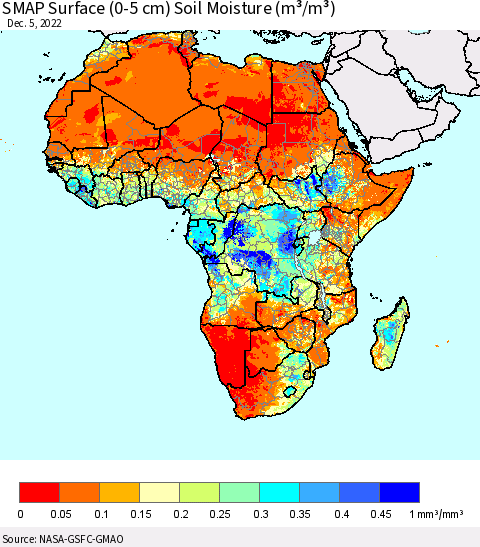 Africa SMAP Surface (0-5 cm) Soil Moisture (m³/m³) Thematic Map For 12/1/2022 - 12/5/2022