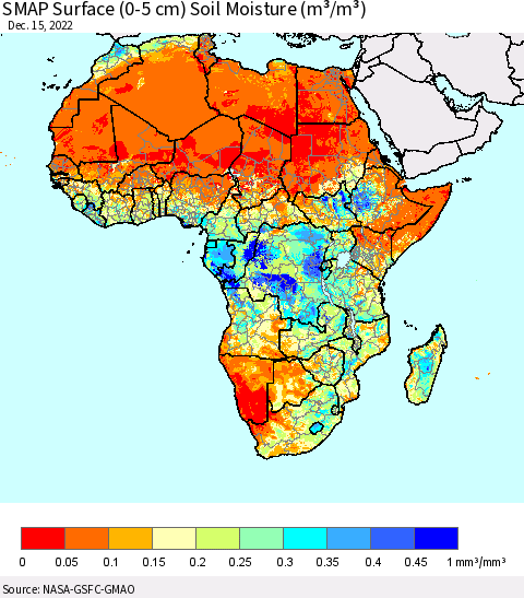 Africa SMAP Surface (0-5 cm) Soil Moisture (m³/m³) Thematic Map For 12/11/2022 - 12/15/2022