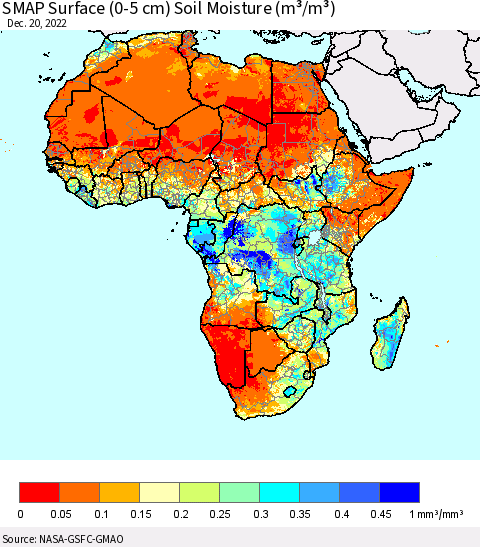 Africa SMAP Surface (0-5 cm) Soil Moisture (m³/m³) Thematic Map For 12/16/2022 - 12/20/2022