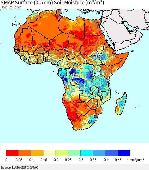 Africa SMAP Surface (0-5 cm) Soil Moisture (m³/m³) Thematic Map For 12/21/2022 - 12/25/2022