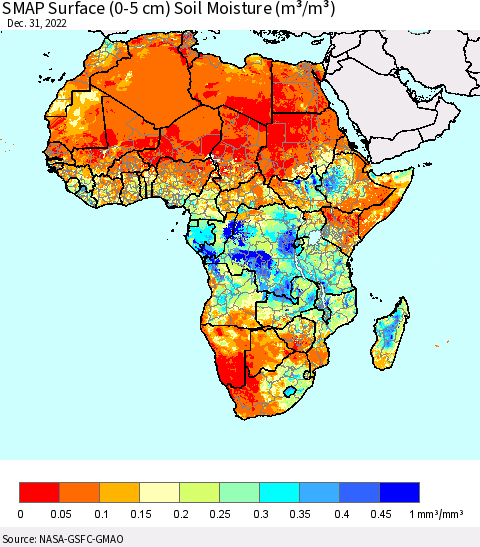 Africa SMAP Surface (0-5 cm) Soil Moisture (m³/m³) Thematic Map For 12/26/2022 - 12/31/2022