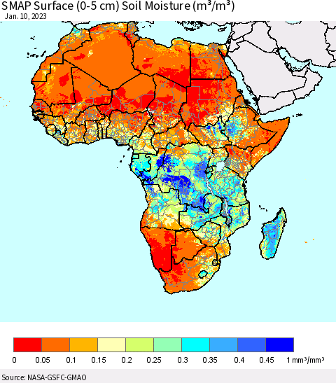 Africa SMAP Surface (0-5 cm) Soil Moisture (m³/m³) Thematic Map For 1/6/2023 - 1/10/2023