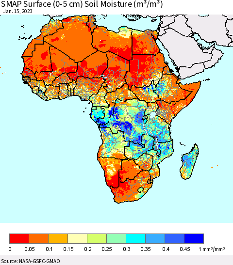 Africa SMAP Surface (0-5 cm) Soil Moisture (m³/m³) Thematic Map For 1/11/2023 - 1/15/2023