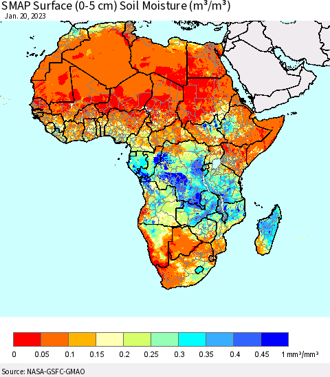Africa SMAP Surface (0-5 cm) Soil Moisture (m³/m³) Thematic Map For 1/16/2023 - 1/20/2023