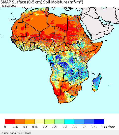 Africa SMAP Surface (0-5 cm) Soil Moisture (m³/m³) Thematic Map For 1/21/2023 - 1/25/2023