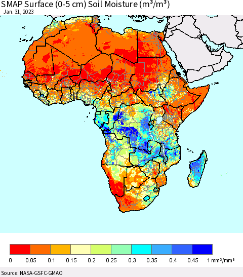 Africa SMAP Surface (0-5 cm) Soil Moisture (m³/m³) Thematic Map For 1/26/2023 - 1/31/2023